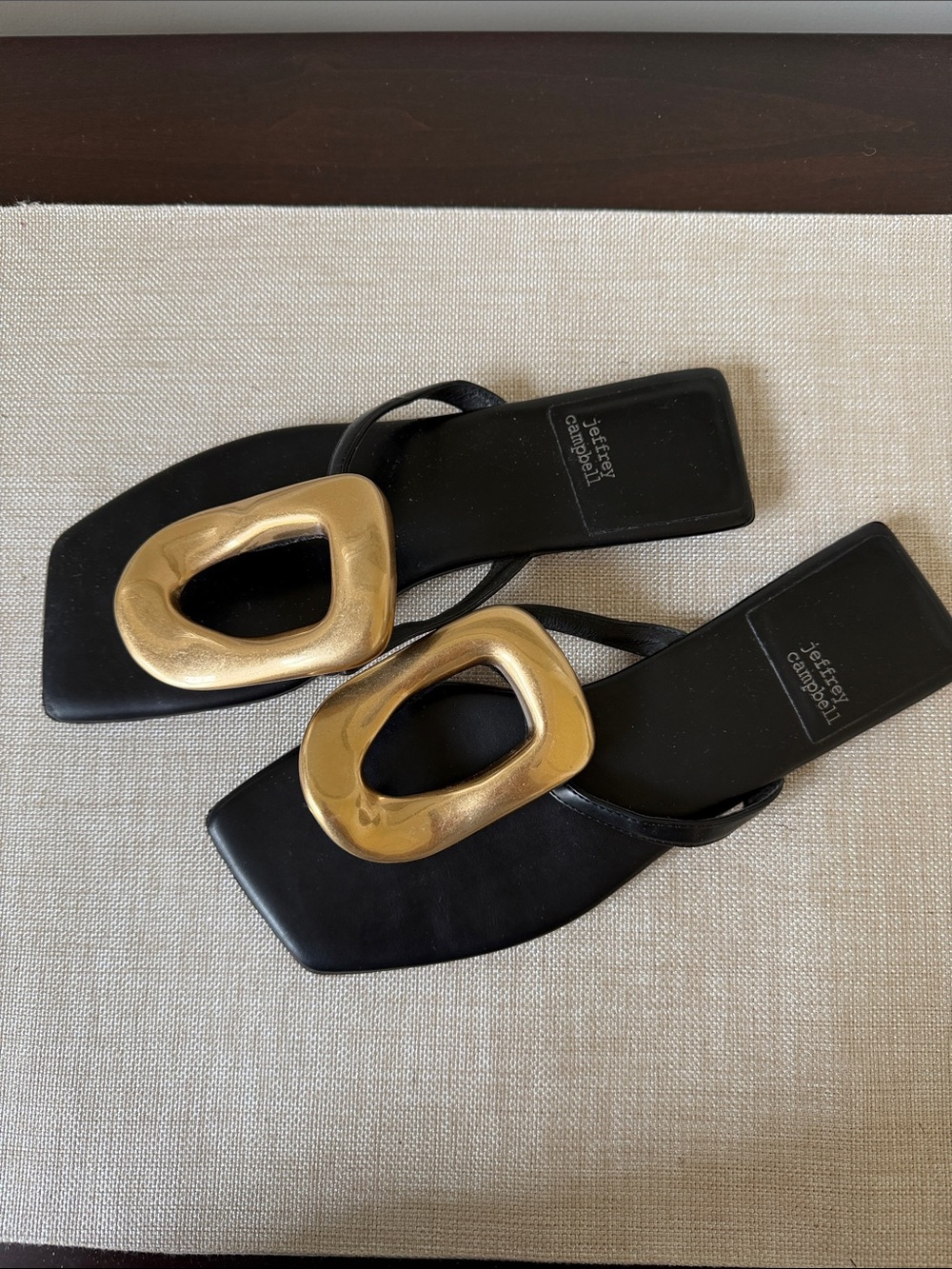 Jeffrey Campbell Black Sandals with Oversized Gold Sculpted Buckles - Picture 2 of 6
